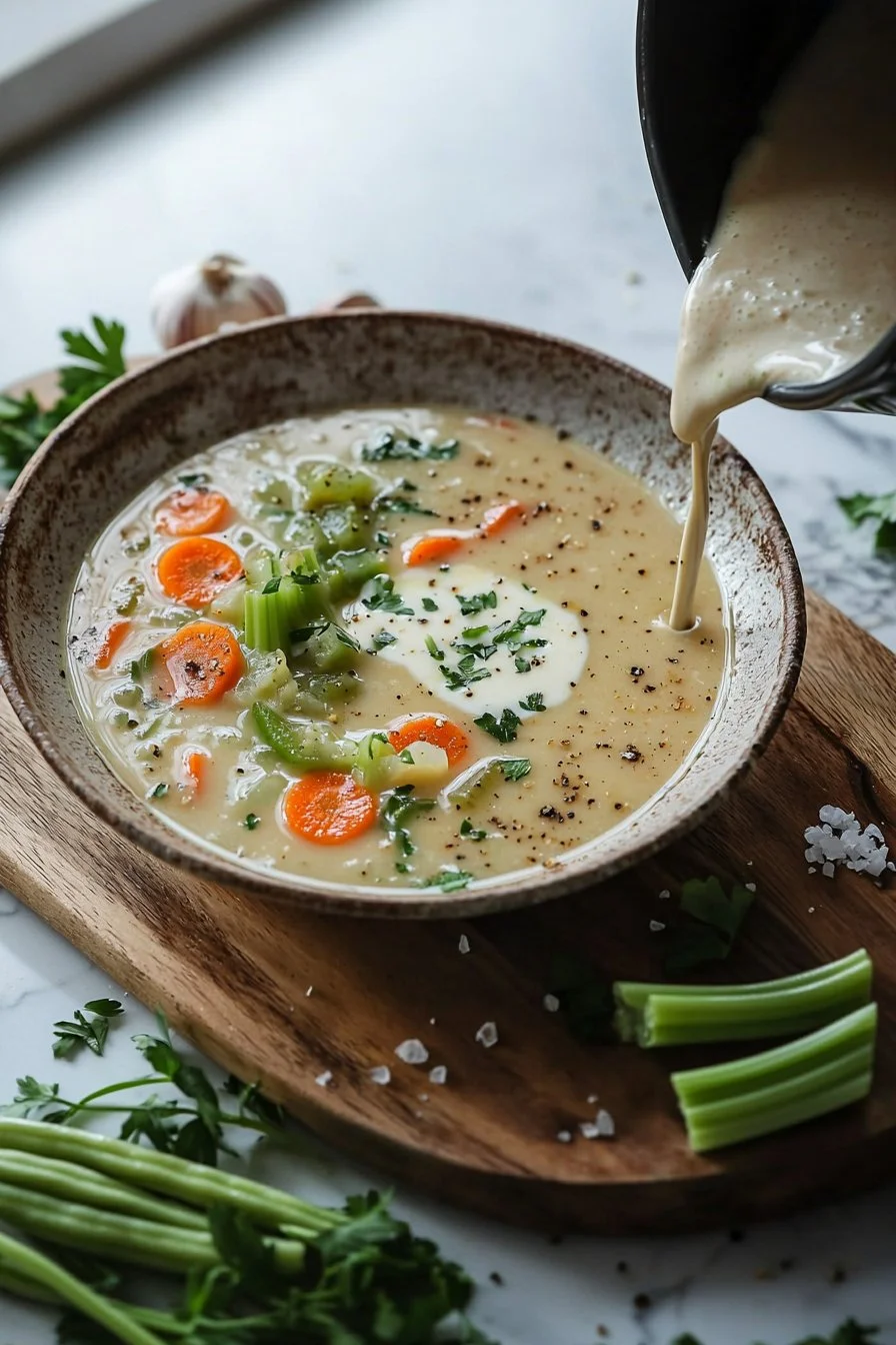 Ein-Topf Cremige Gemüsesuppe mit frischem Gemüse und Kräutern in einer Schüssel