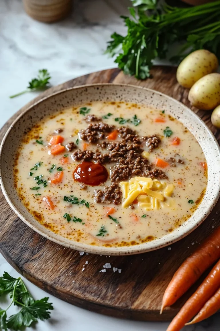 Einfache Cheeseburger Suppe mit Käse, Hackfleisch und Gemüse in einer Schüssel