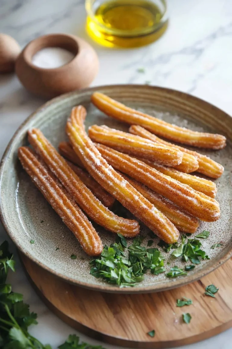 Einfache Churros mit Zimt-Zucker bestreut, frisch gebacken auf einem Teller.