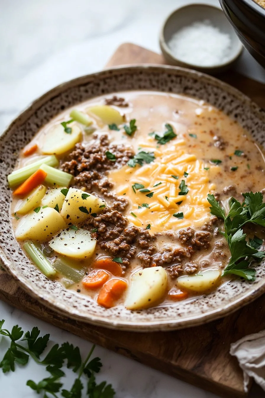 Schüssel mit einfacher Crockpot Cheeseburger Suppe, serviert mit frischen Kräutern.