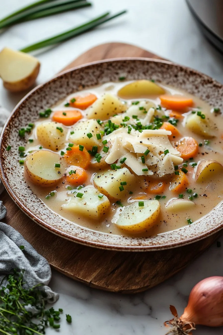 Schüssel mit einfacher Crockpot Kartoffelsuppe auf einem Holztisch.