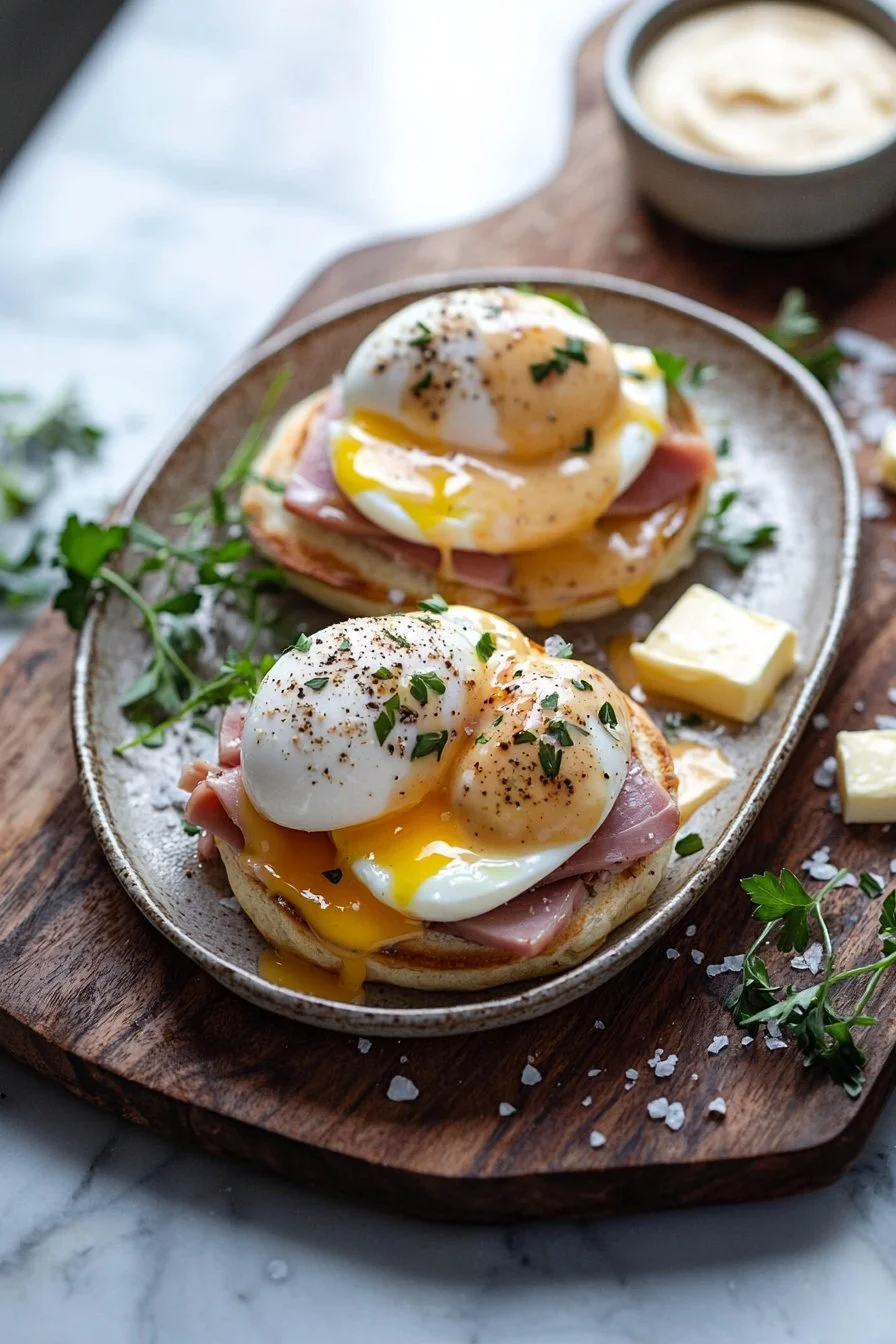 Leckere Eier Benedict auf einem Teller mit Sauce und frischen Kräutern
