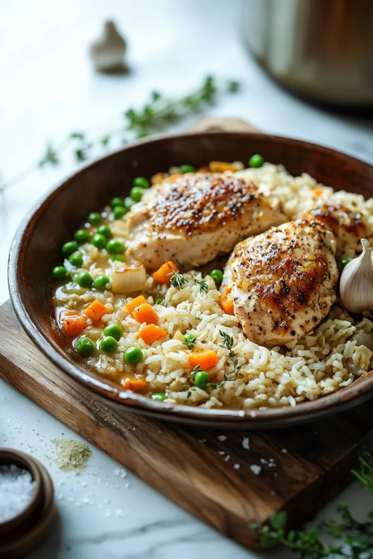 Ein-Topf-Hühnchen mit Reis in einer Pfanne zubereitet