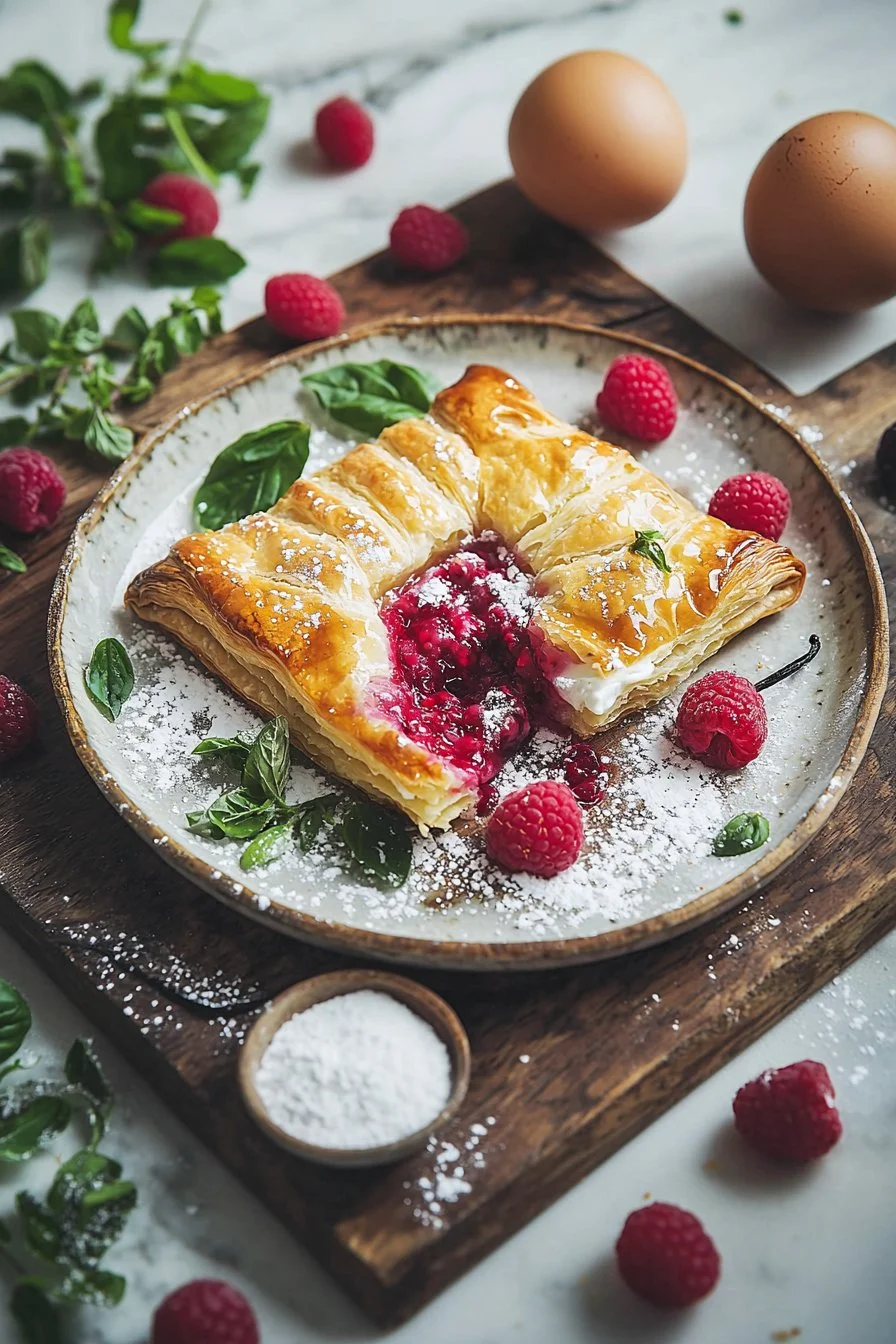 Einfache Himbeeren-Dänische aus Blätterteig mit frischen Himbeeren