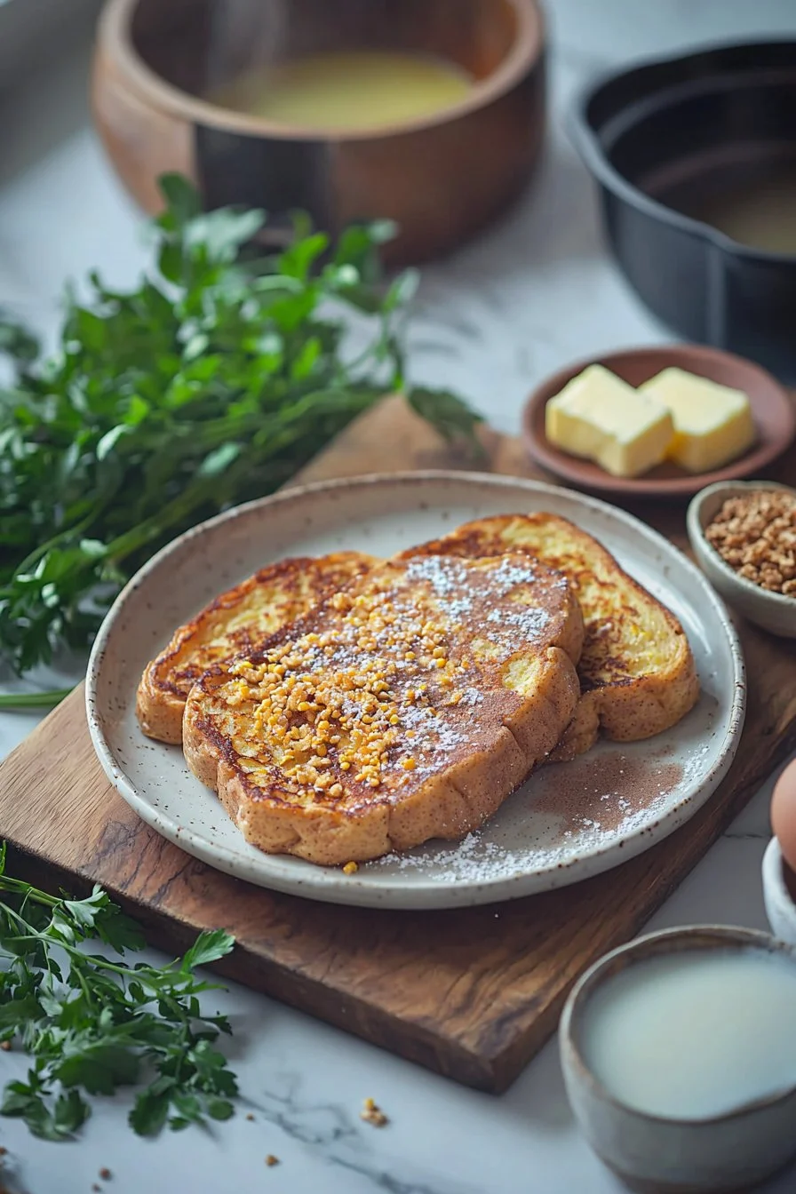 Zimt Cornflake French Toast auf einem Teller mit frischen Früchten
