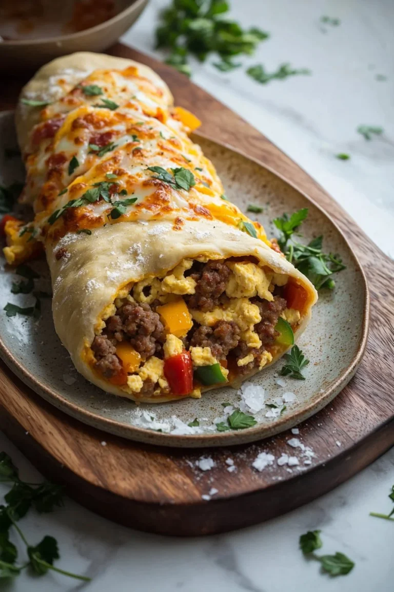 Einfacher Frühstücks-Stromboli mit Würstchen und Käse gefüllt