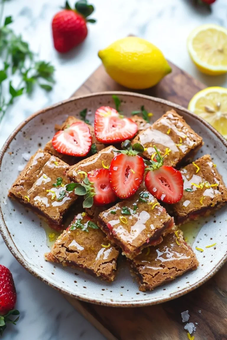 Erdbeer-Zitronen-Blondies auf einem Teller mit frischen Erdbeeren und Zitronenhälften