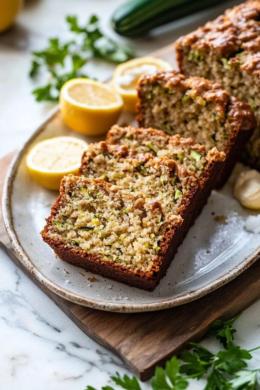 Feuchtes Zitronen-Zucchini-Brot auf einem Holzbrett serviert
