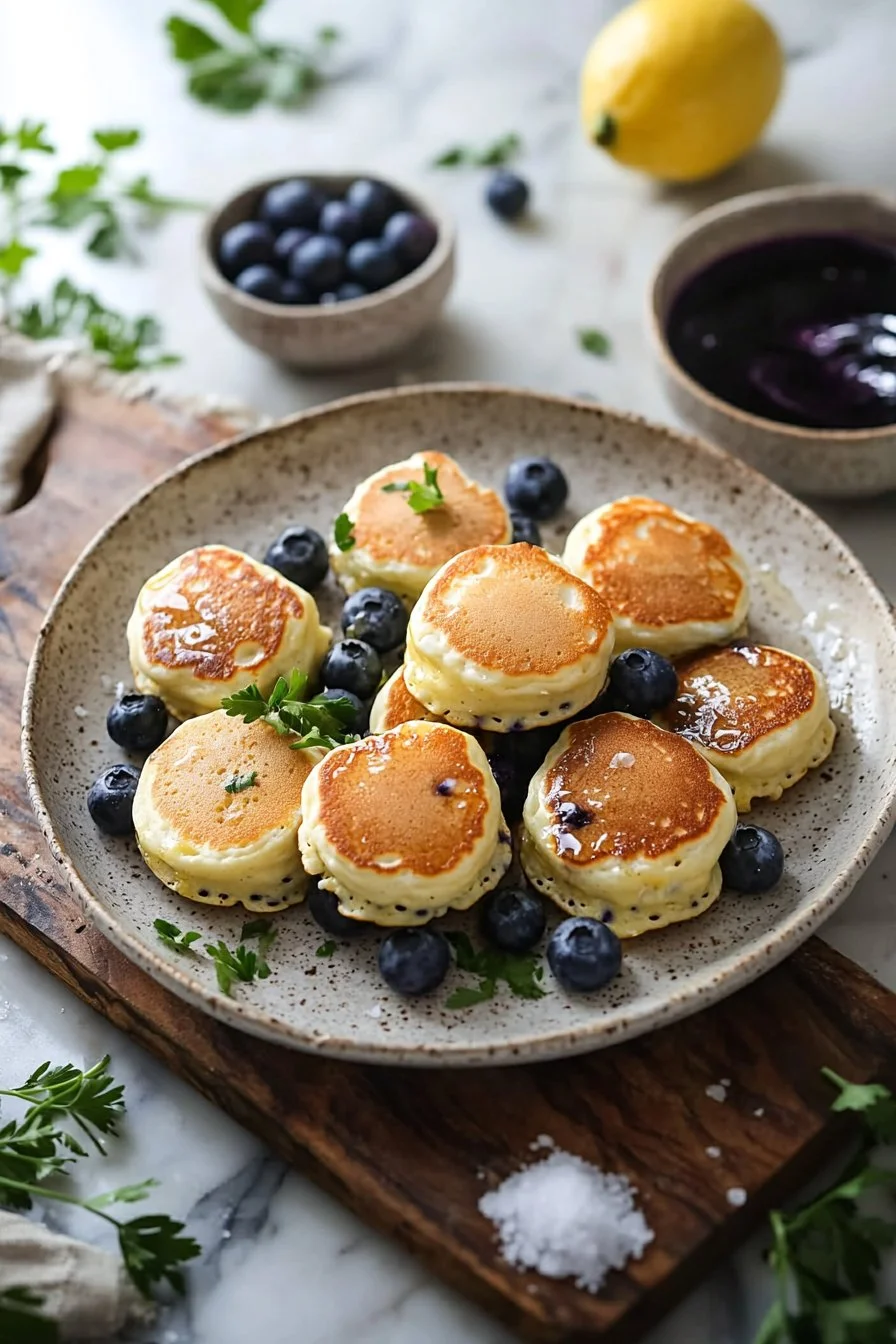 Flaumige Joghurt-Zitronen-Blaubeer-Pfannkuchen auf einem weißen Teller serviert