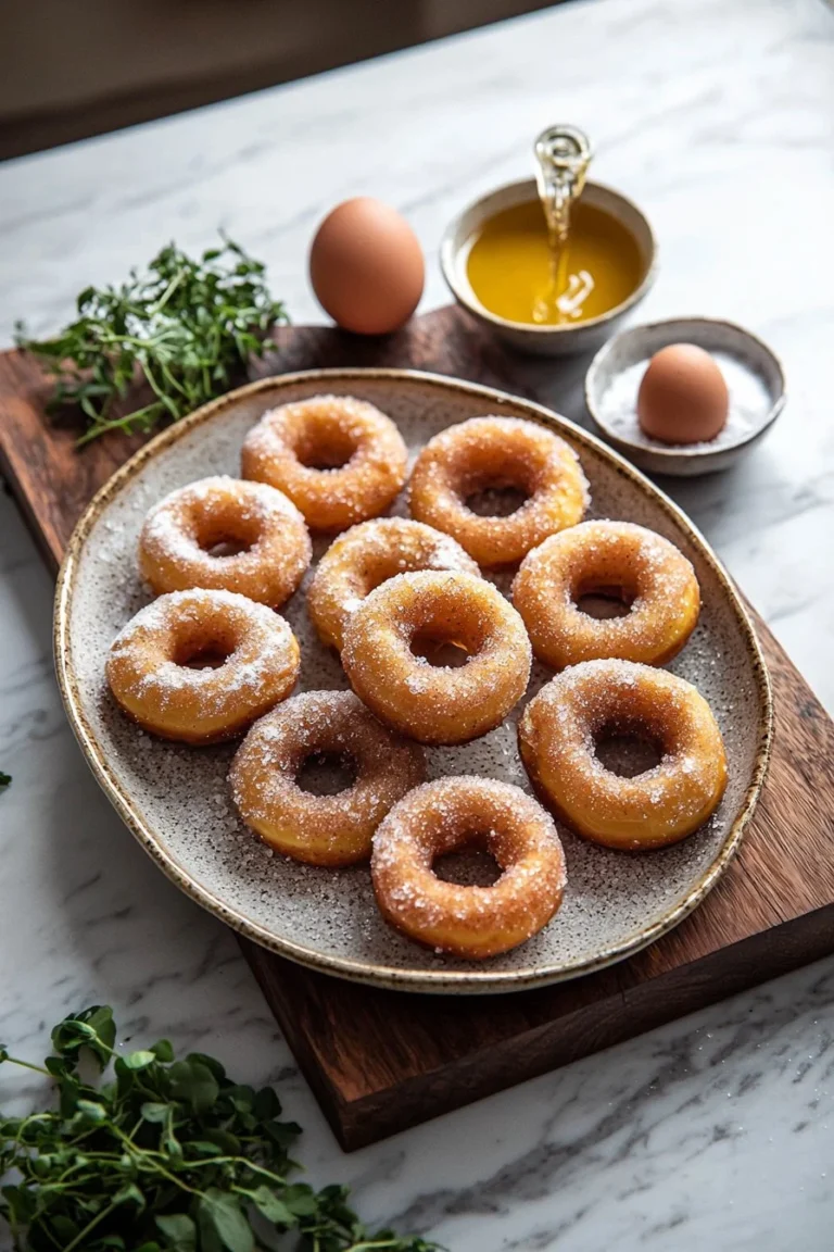 Frittierte Apfelwein-Donuts auf einem Teller, dekoriert mit Zimt und Zucker.