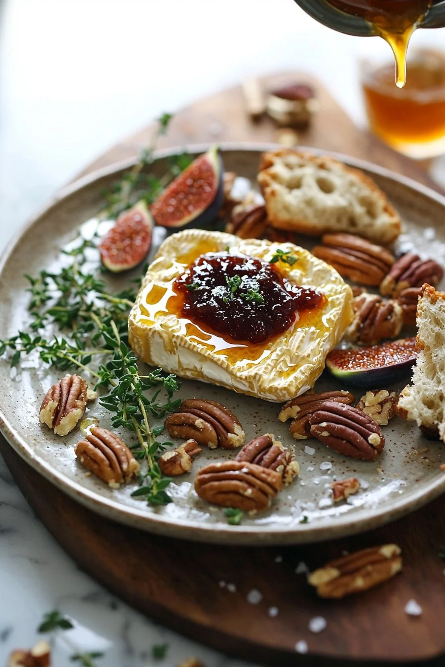 Fried Brie serviert mit Feigenmarmelade und Pekannüssen auf einem Teller