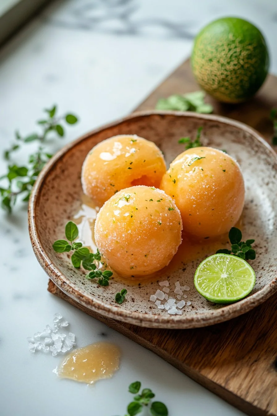 Erfrischendes Melonen-Sorbet aus frischen Melonenstücken, ideal für heiße Sommertage.