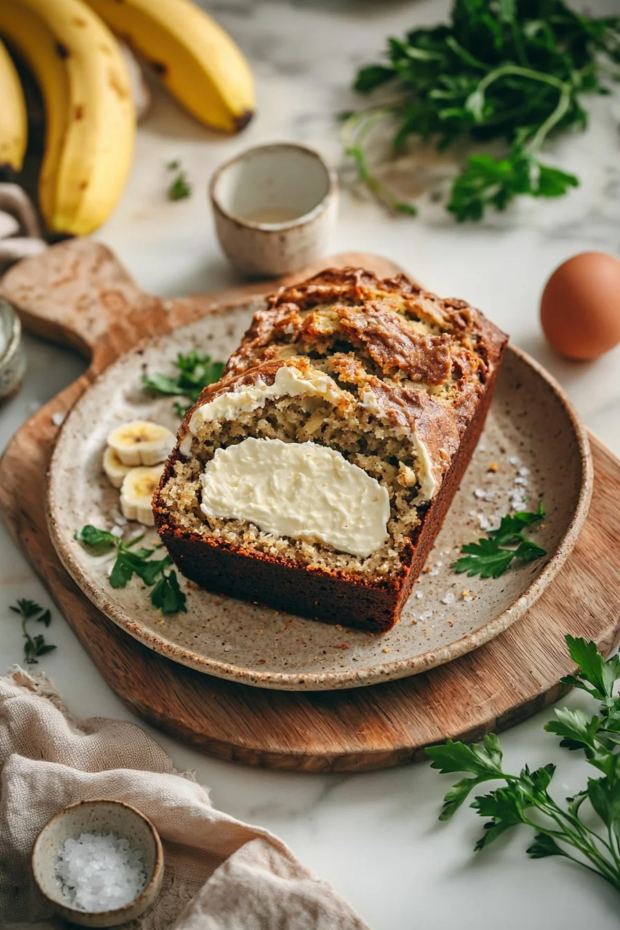 Frischkäsegefülltes Bananenbrot auf einem Holzbrett serviert