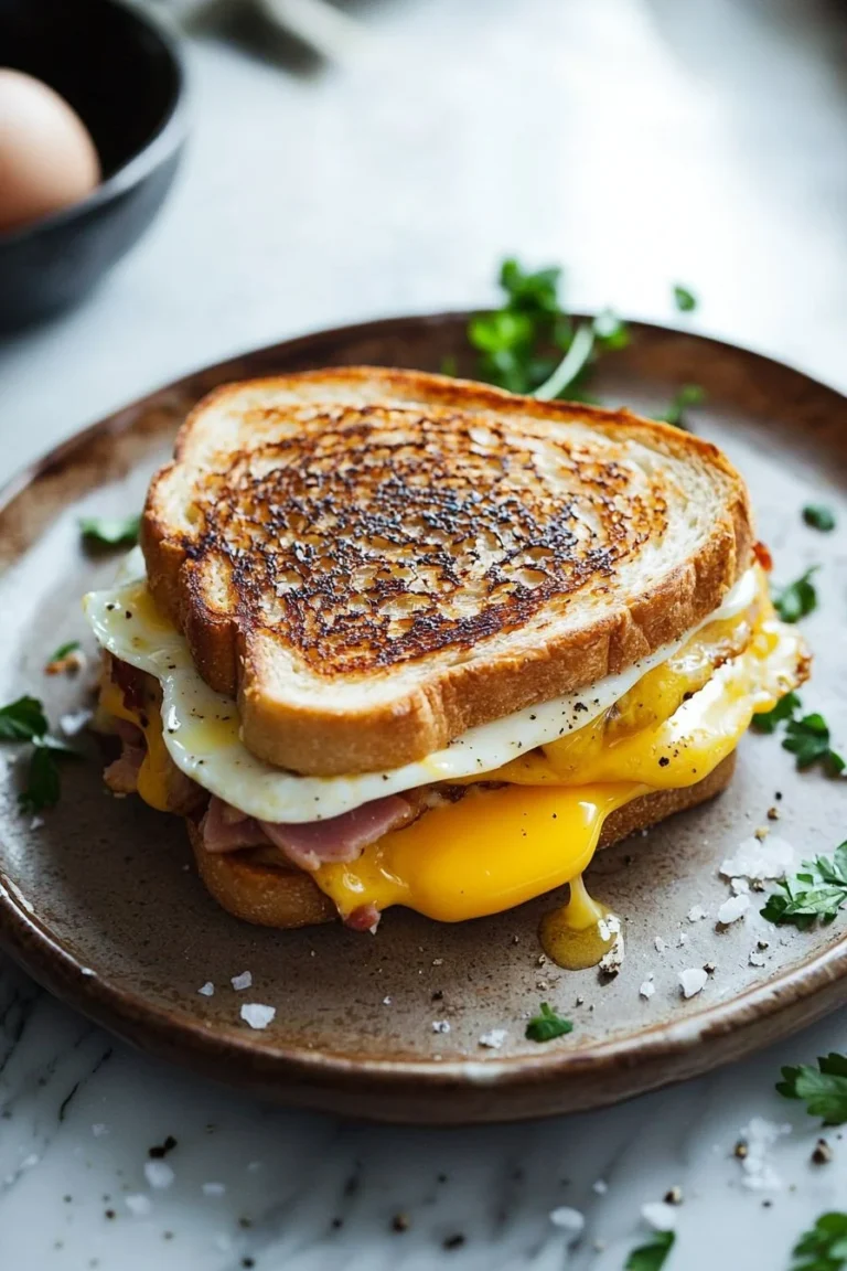 Leckeres Frühstück Grillkäse Sandwich mit geschmolzenem Käse und frischen Zutaten