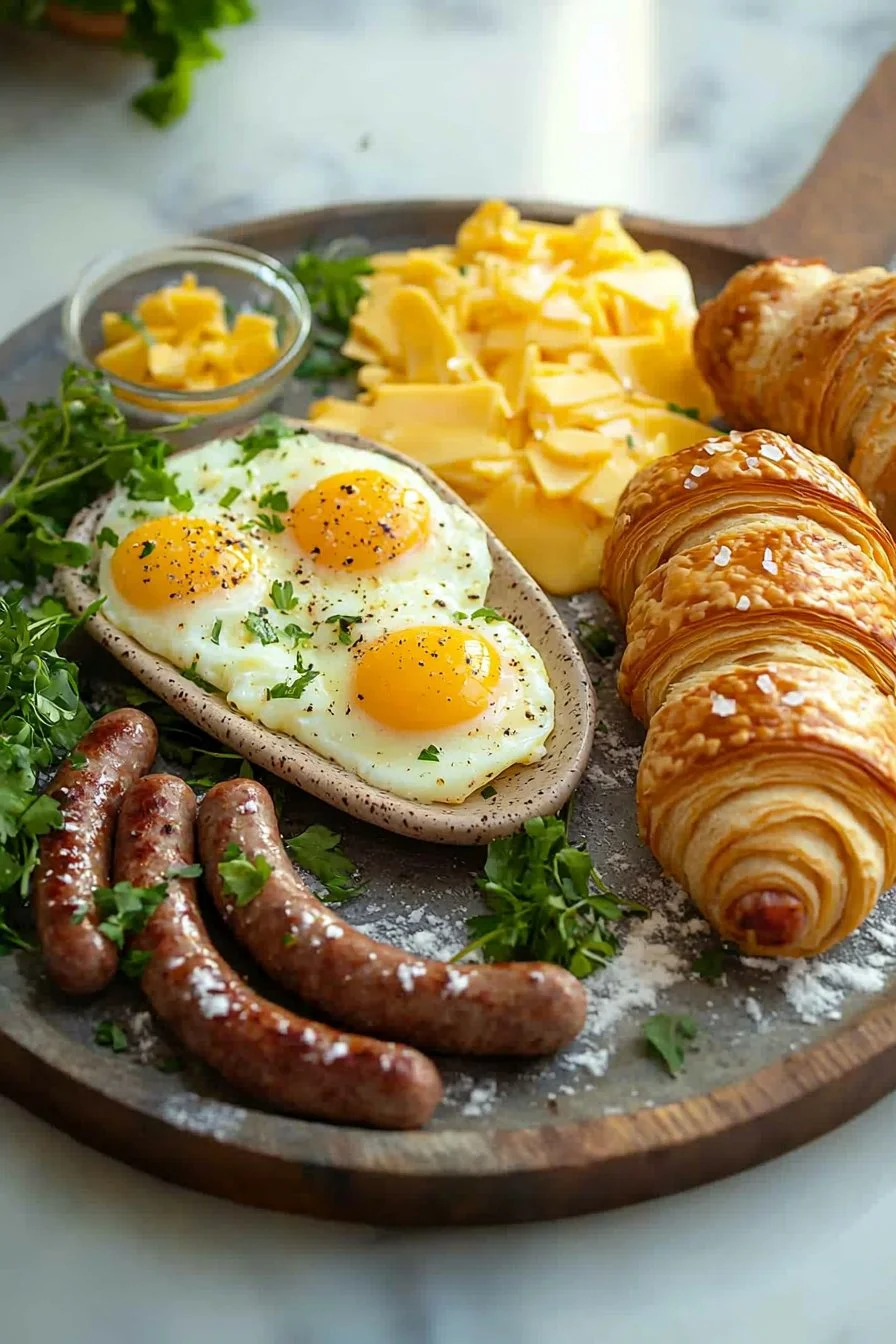 Frühstückstisch mit Wurst, Eiern, Käse und Croissants.