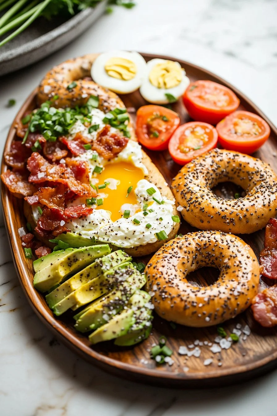 Leckere Frühstücks-Bagels mit frischen Zutaten und Aufstrichen