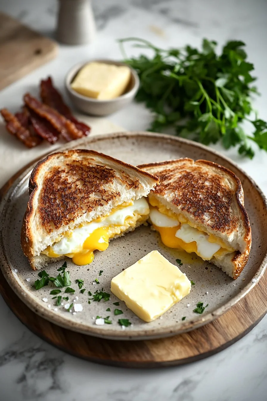 Frühstücks-Grilled Cheese Sandwich mit geschmolzenem Käse und frischen Zutaten