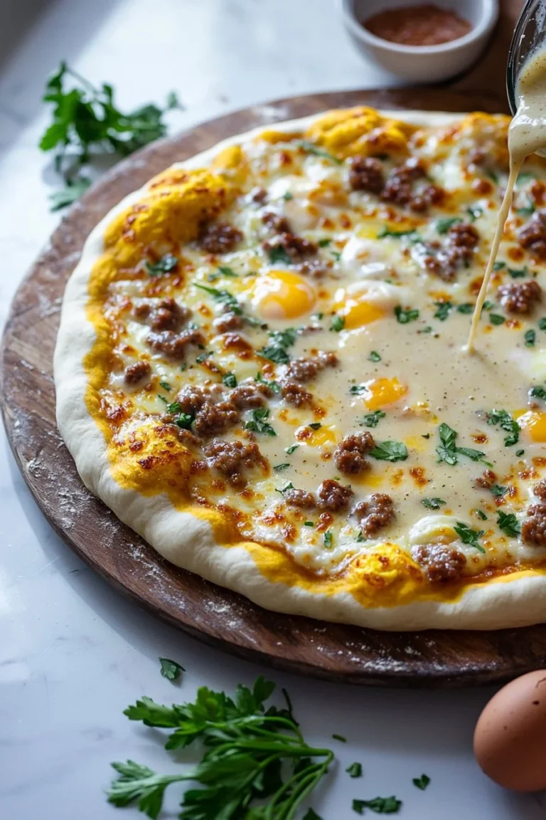 Frühstücks-Pizza mit Würstchensoße auf einem Teller serviert
