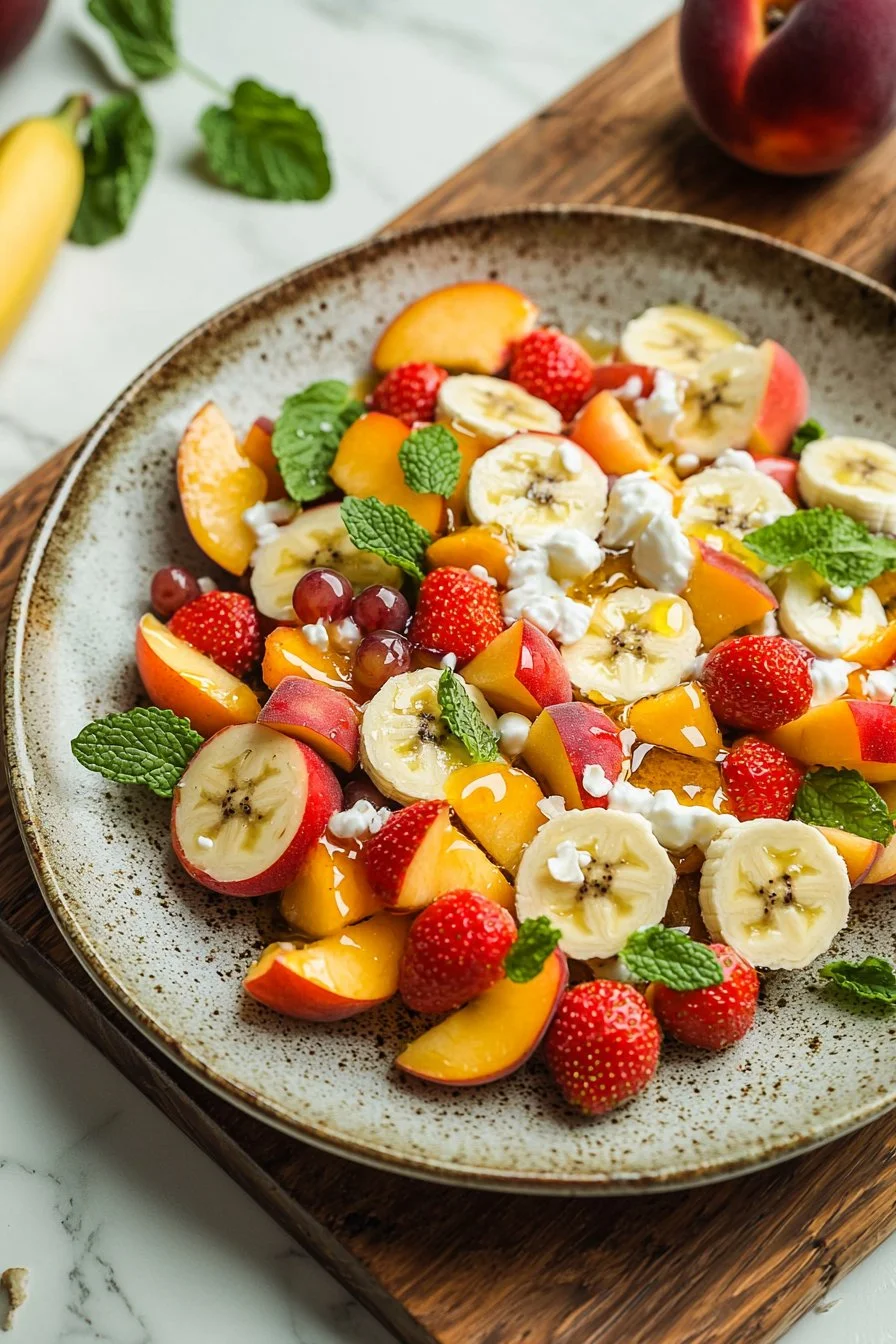 Ein bunter Frühstücksfruchtsalat mit frischem Obst für einen gesunden Start in den Tag.