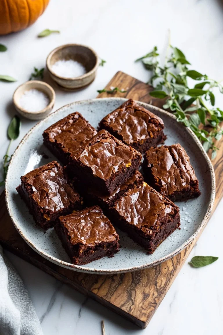 Fudgy Kürbis Brownies auf einem Teller mit Kürbisse dekoriert