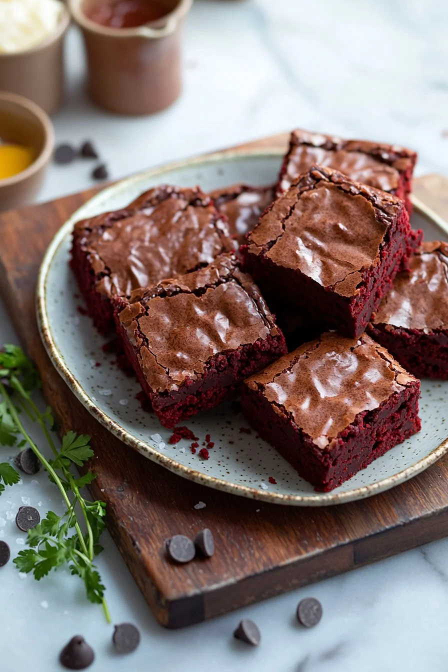 Fudgy Rote Samt Brownies auf einem Teller, köstliche saftige Textur.