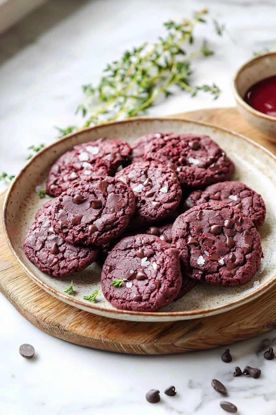 Fudgy Rote Samt Cookies auf einem Teller, perfekt für süße Verführungen.