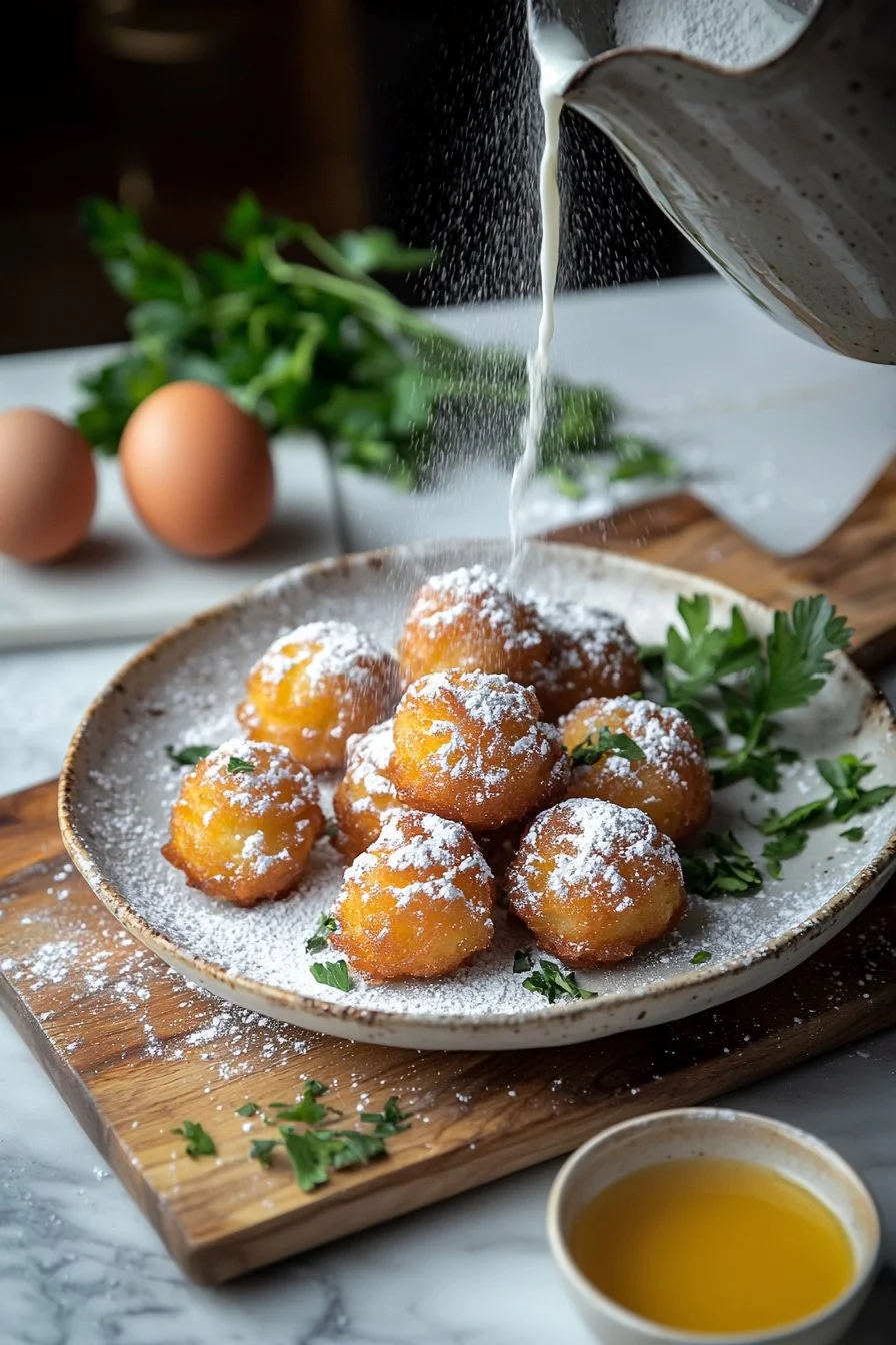 Funnel Cake Bites mit Puderzucker auf einem Teller serviert