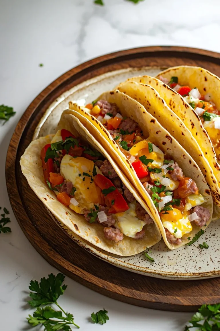 Gebackene Frühstückstacos mit frischen Zutaten und Eiern, appetitlich angerichtet.