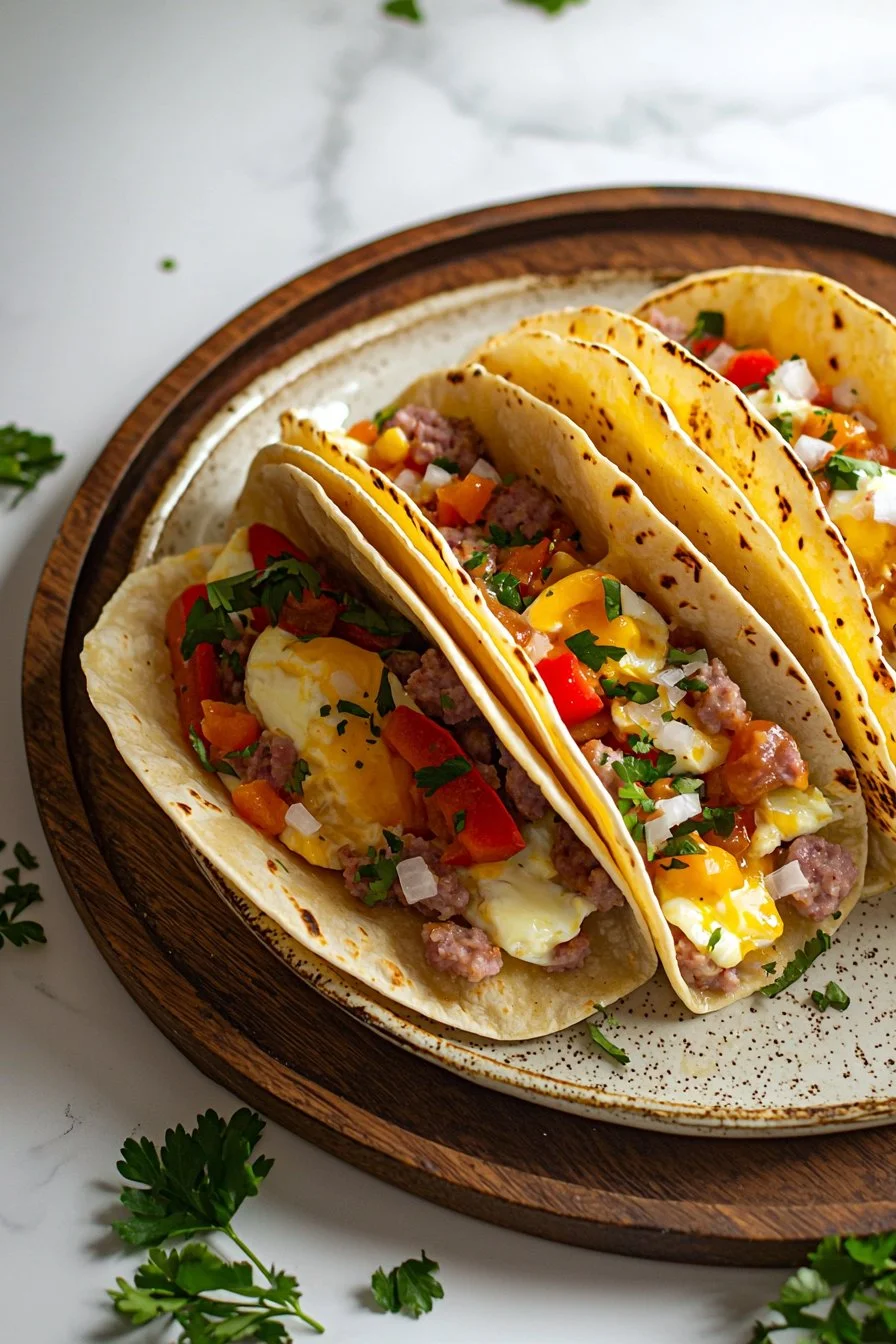 Gebackene Frühstückstacos mit frischen Zutaten und Eiern, appetitlich angerichtet.