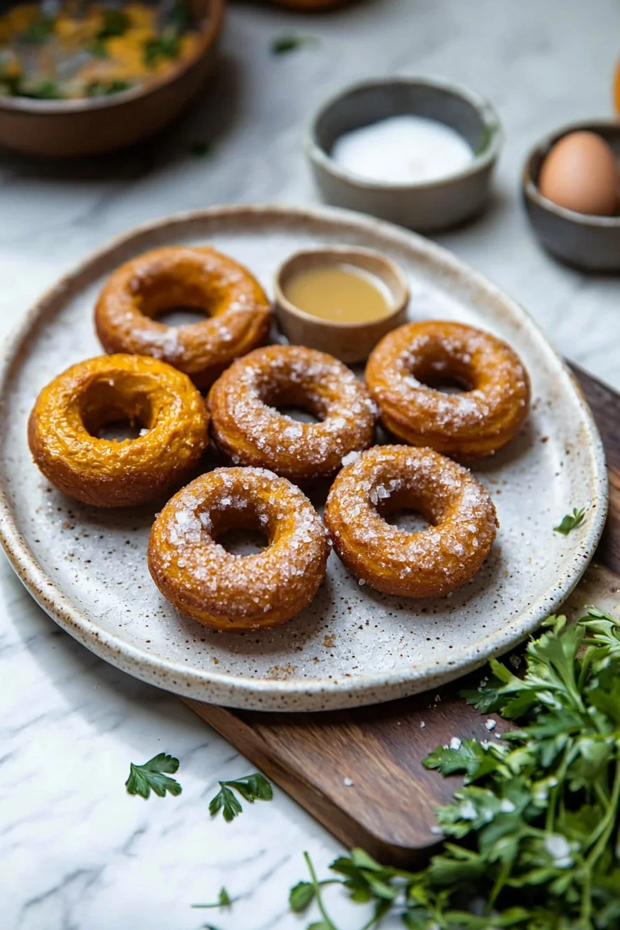 Leckere gebackene Kürbisdonuts auf einem Teller, perfekt für den Herbst