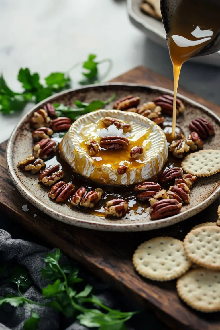 Gebackener Brie mit gesalzenen Karamell-Pekannüssen auf einem Holzbrett serviert.