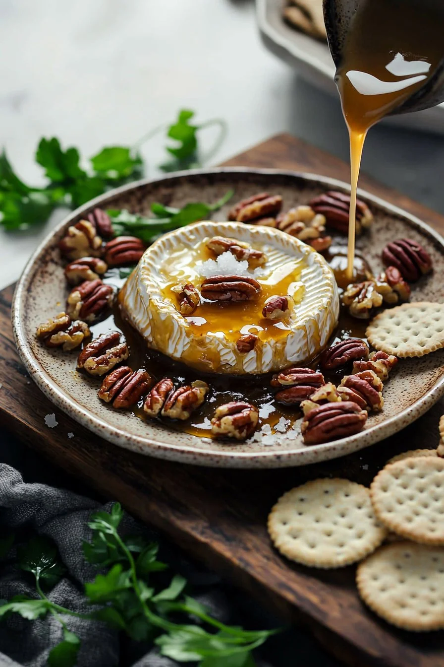 Gebackener Brie mit gesalzenen Karamell-Pekannüssen auf einem Holzbrett serviert.