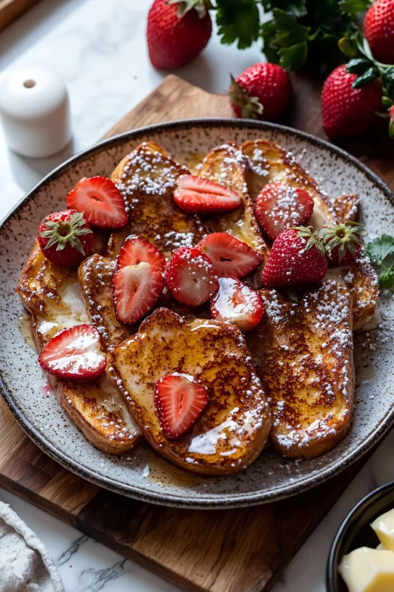 Gebackene Erdbeeren mit Erdbearen Creme auf französischem Toast serviert.
