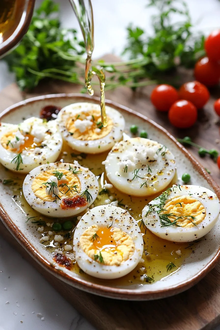 Gebratene Feta-Eier auf einem Teller mit frischen Kräutern