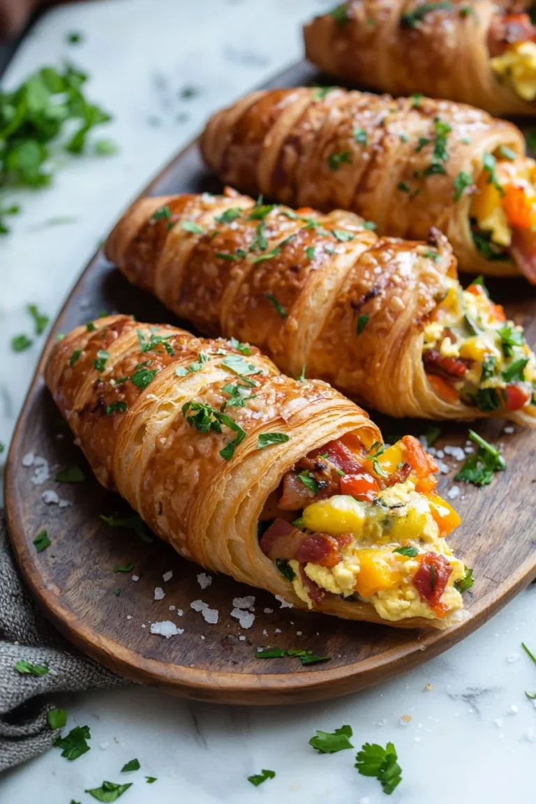 Gebratene Frühstücks-Croissant-Boote mit Eiern und Gemüse
