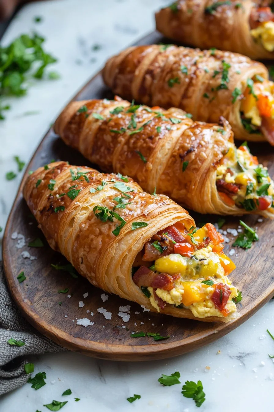 Gebratene Frühstücks-Croissant-Boote mit Eiern und Gemüse