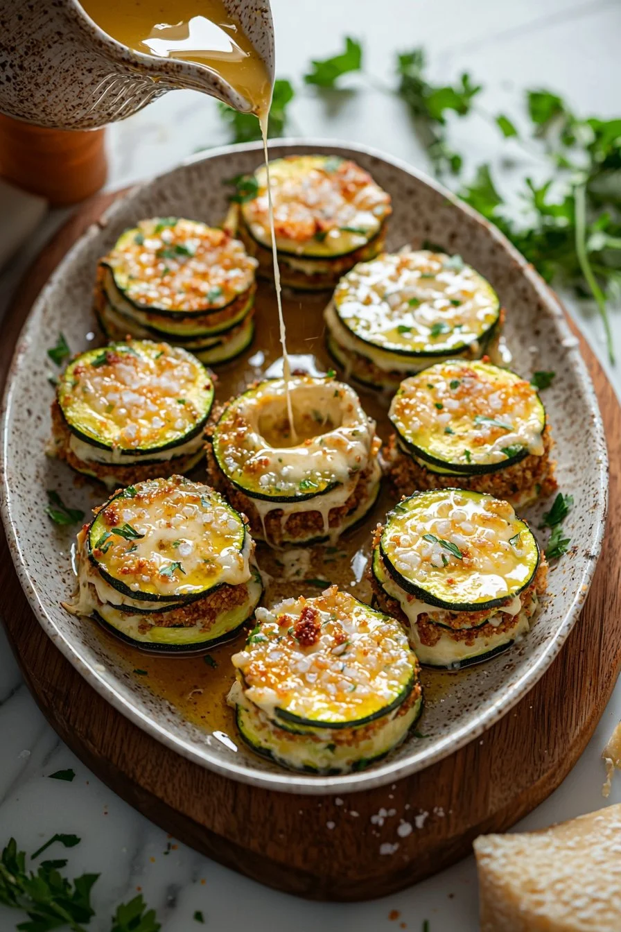 Gebratene Käse-Zucchini-Stapel auf einem Teller serviert.