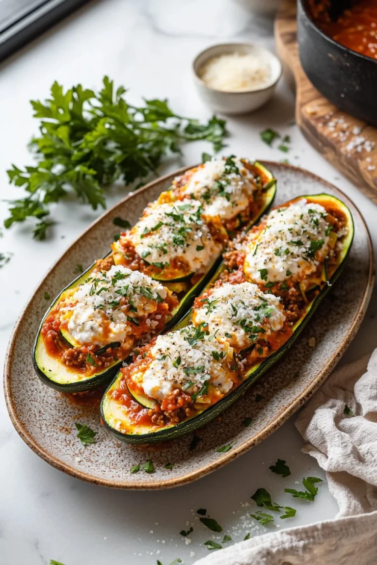 Gefüllte Lasagne Zucchini-Boote mit leckerem Füllung und Käse überbacken
