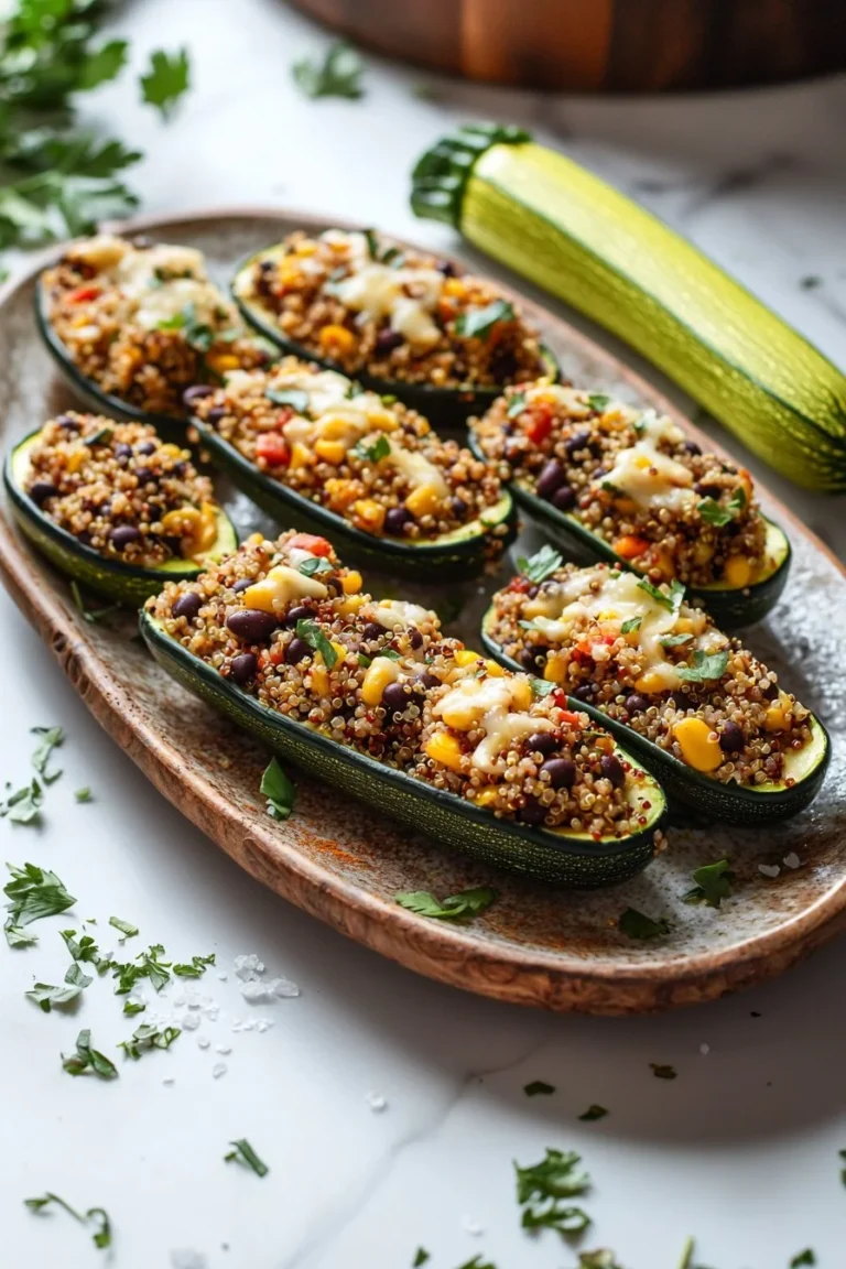 Gefüllte Zucchini-Boote mit Gemüse und Kräutern, serviert auf einem Teller.