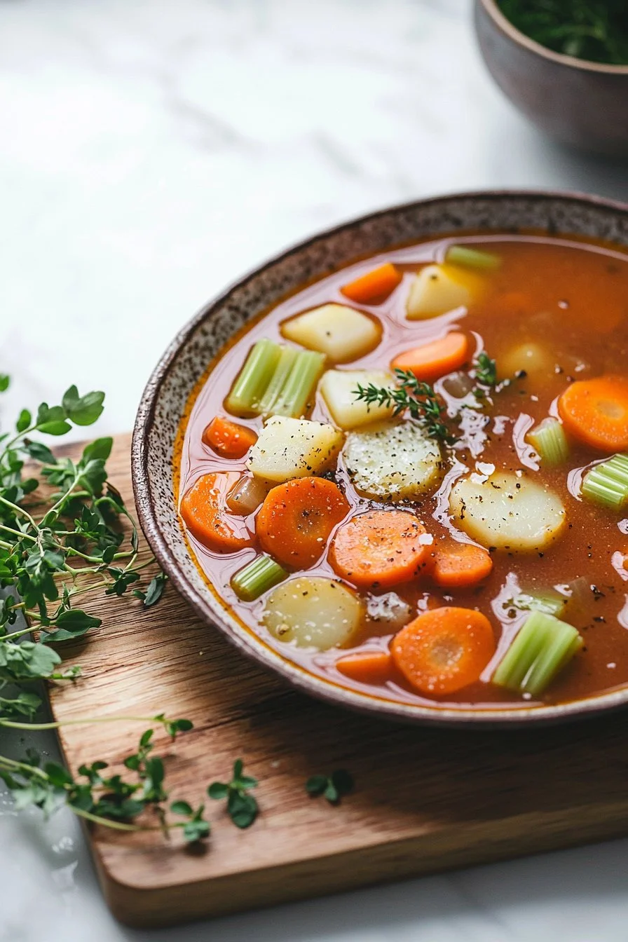Leckere Gemüsesuppe in einer Schüssel mit frischem Gemüse
