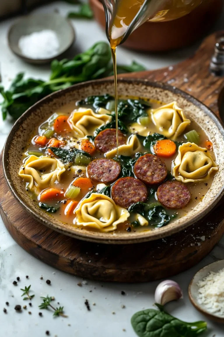 Gemütliche Herbst Tortellini Suppe mit Wurst in einer Schüssel serviert