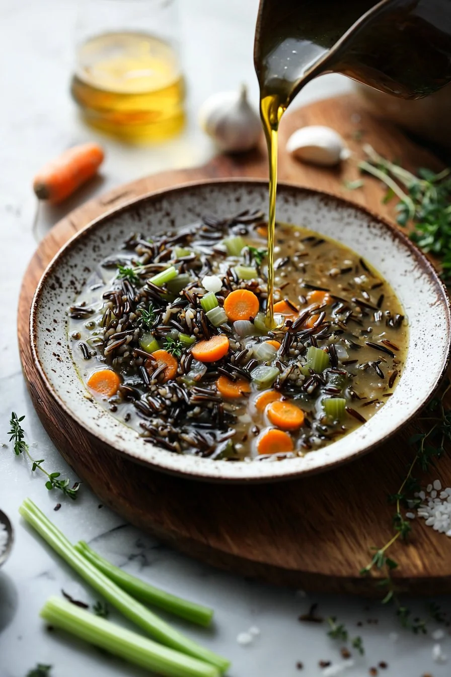 Köstliche Herbst-Wildreis-Suppe in einer Schüssel mit frischen Kräutern.