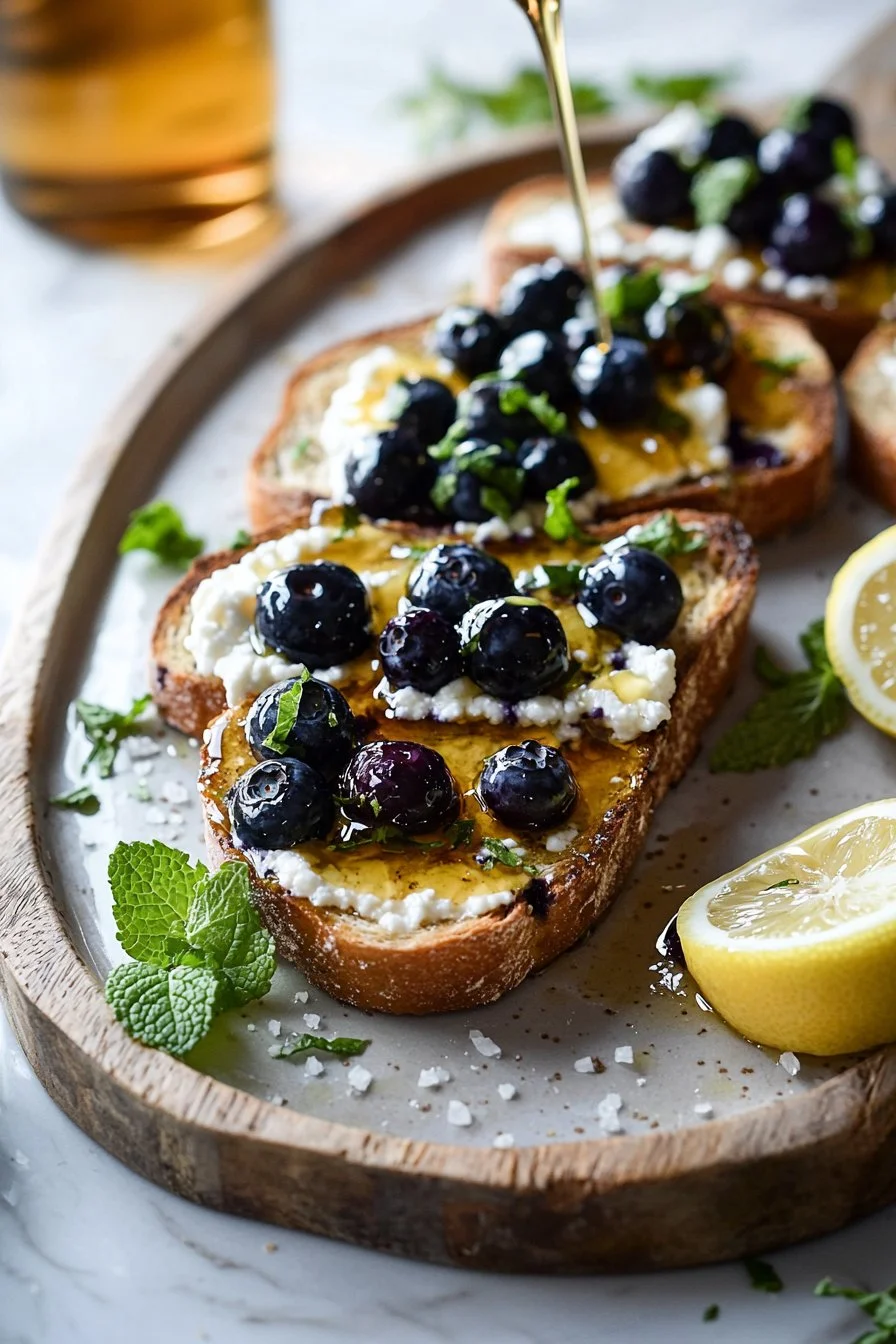 Geröstetes Blaubeer- und Ricotta-Toast auf einem Teller