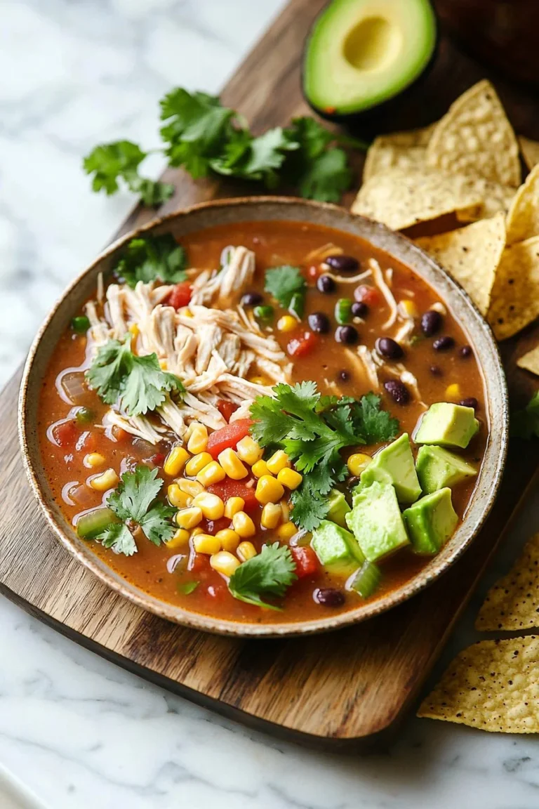 Gesunde Hähnchen-Tortilla-Suppe mit frischen Zutaten serviert.