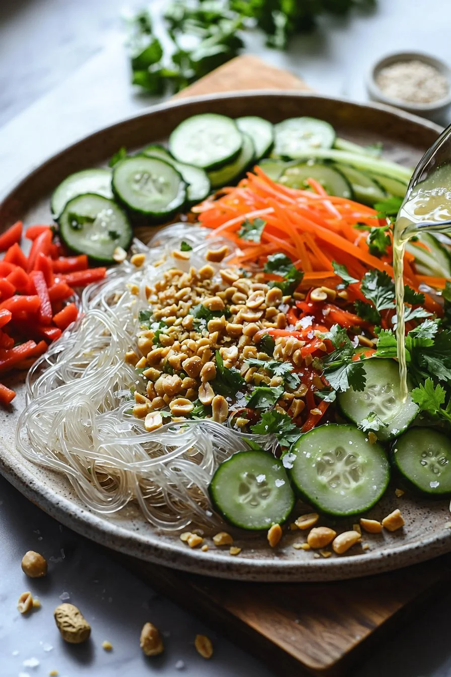 Gesunder Thai-Glasnudelsalat mit frischem Gemüse und aromatischen Kräutern.