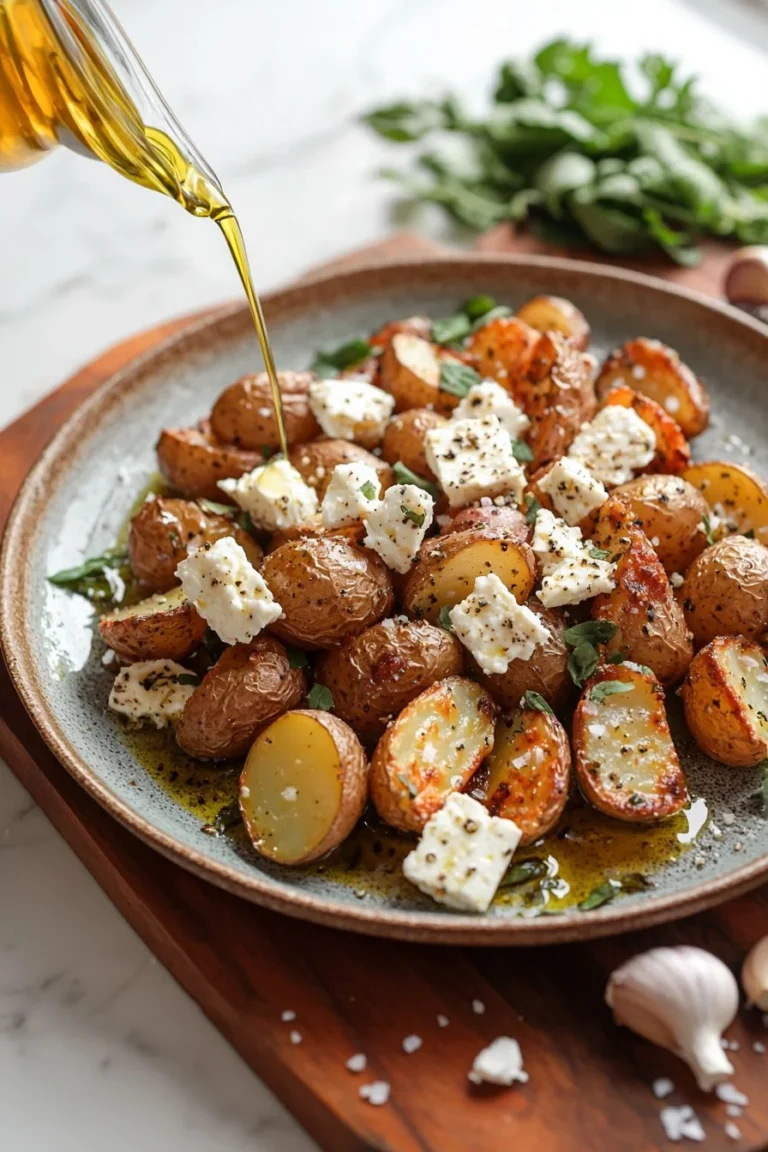 Leckere griechische Feta-Röstkartoffeln aus dem Ofen mit frischen Kräutern