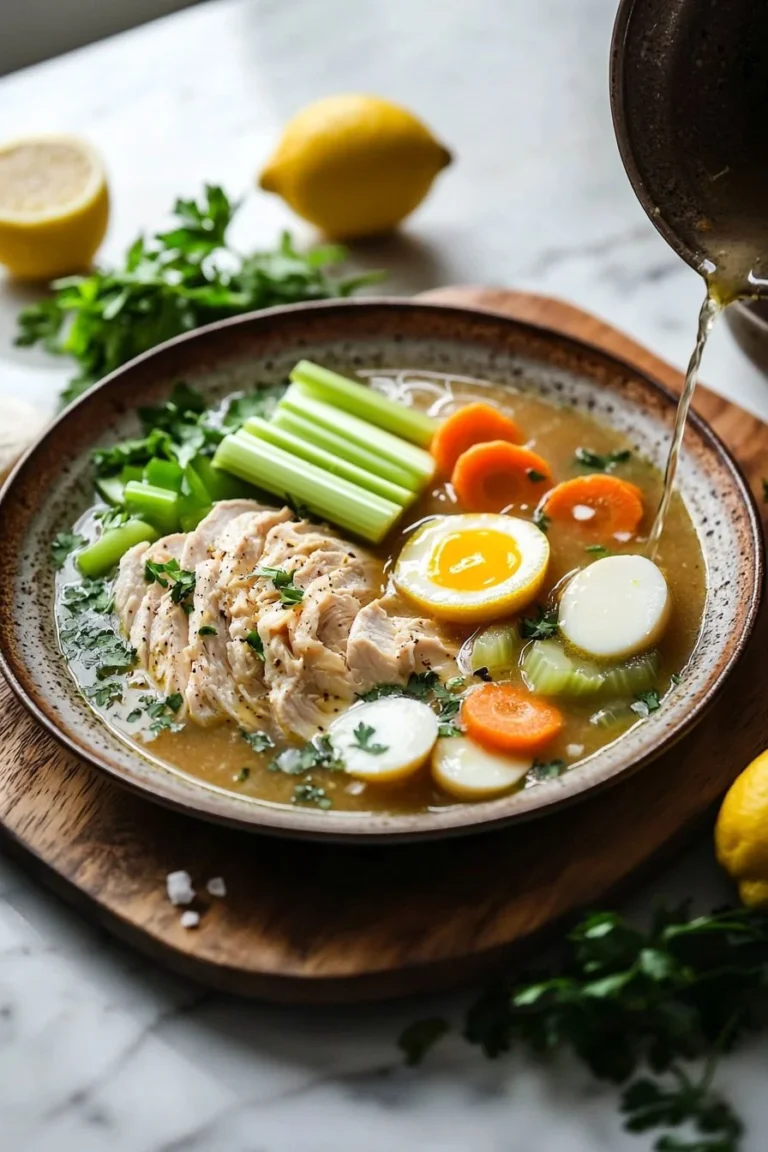 Schale griechische Zitronen-Hühnersuppe mit frischen Kräutern