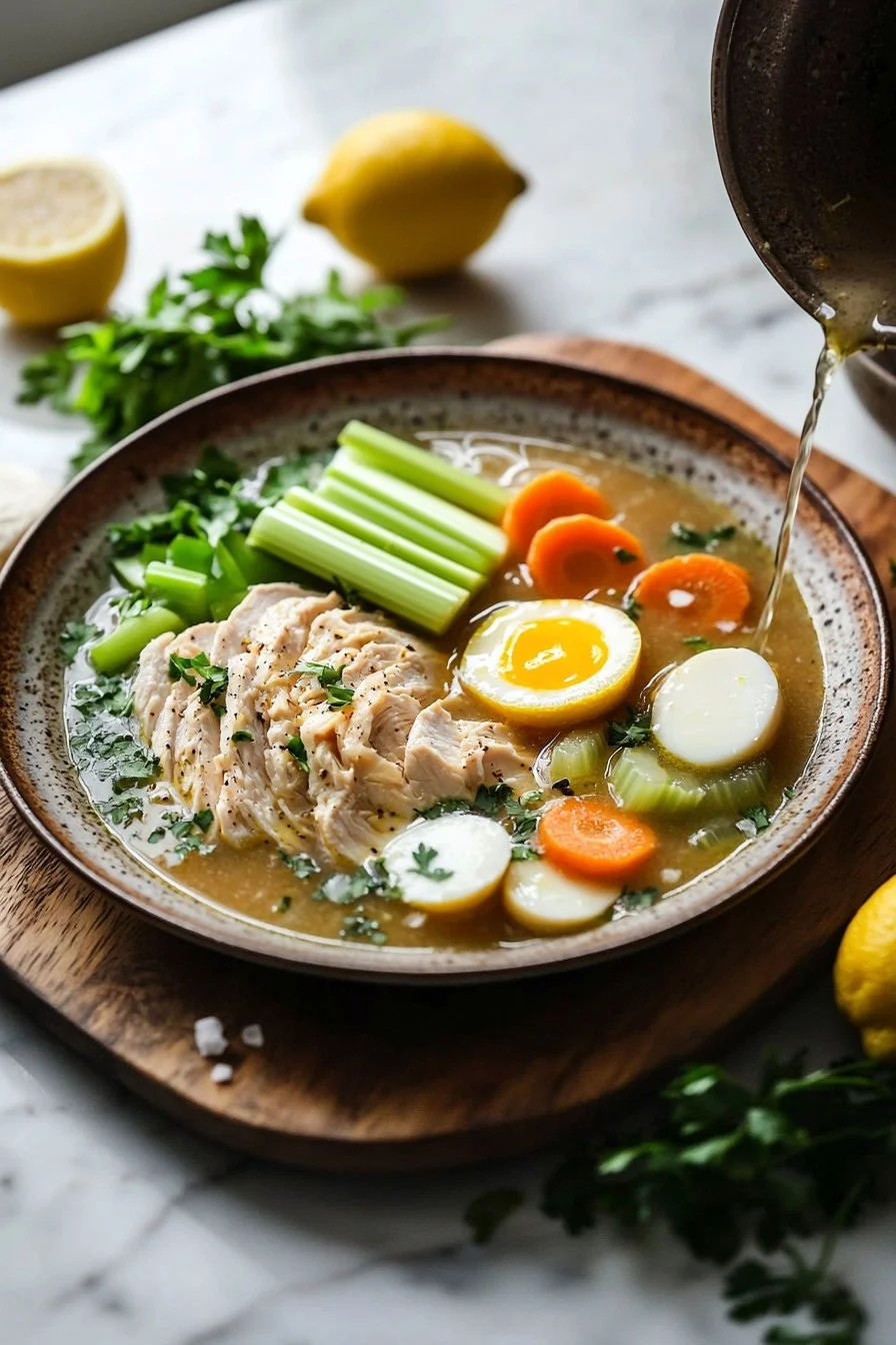 Schale griechische Zitronen-Hühnersuppe mit frischen Kräutern