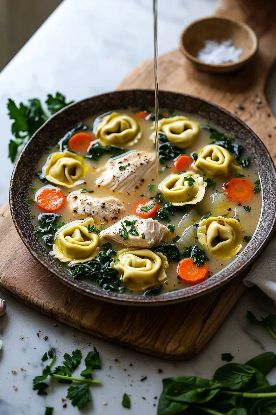 Schüssel mit Hähnchen-Tortellini-Suppe, frisch zubereitet und serviert.