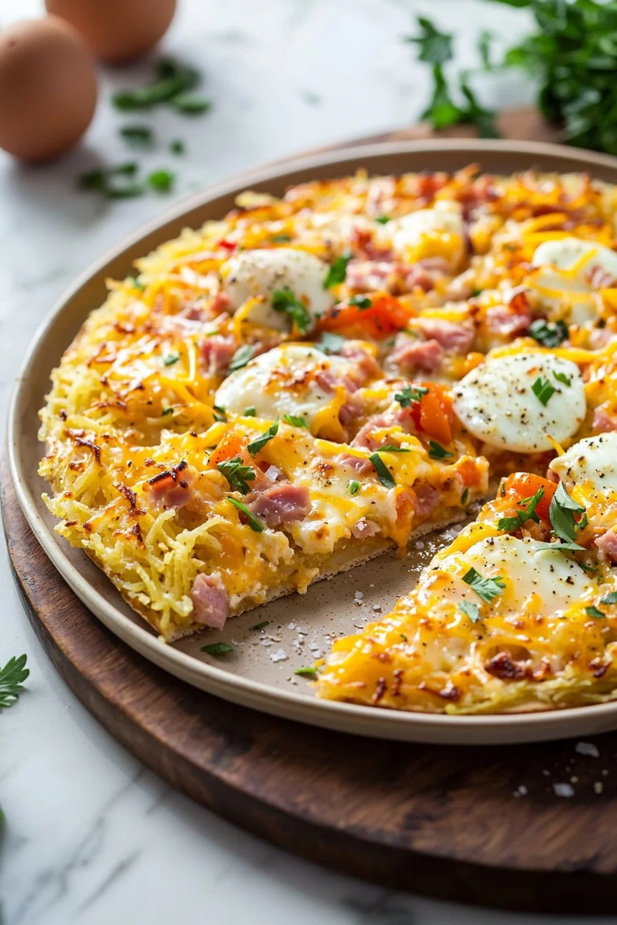 Hash Brown Frühstückspizza mit knusprigen Kartoffeln und köstlichen Toppings